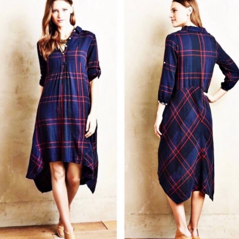 Anthropologie Isabella Sinclair Flannel Red Blue Plaid Shirtdress Size XXS